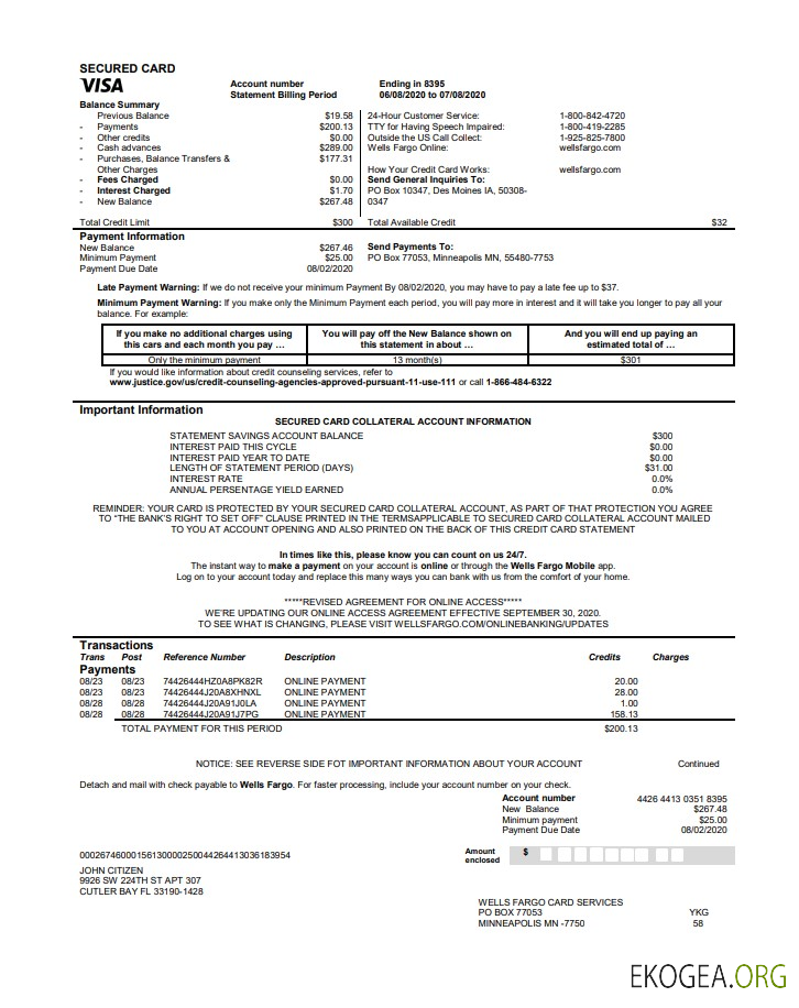 États Unis Relevé de carte de crédit bancaire Wells Fargo